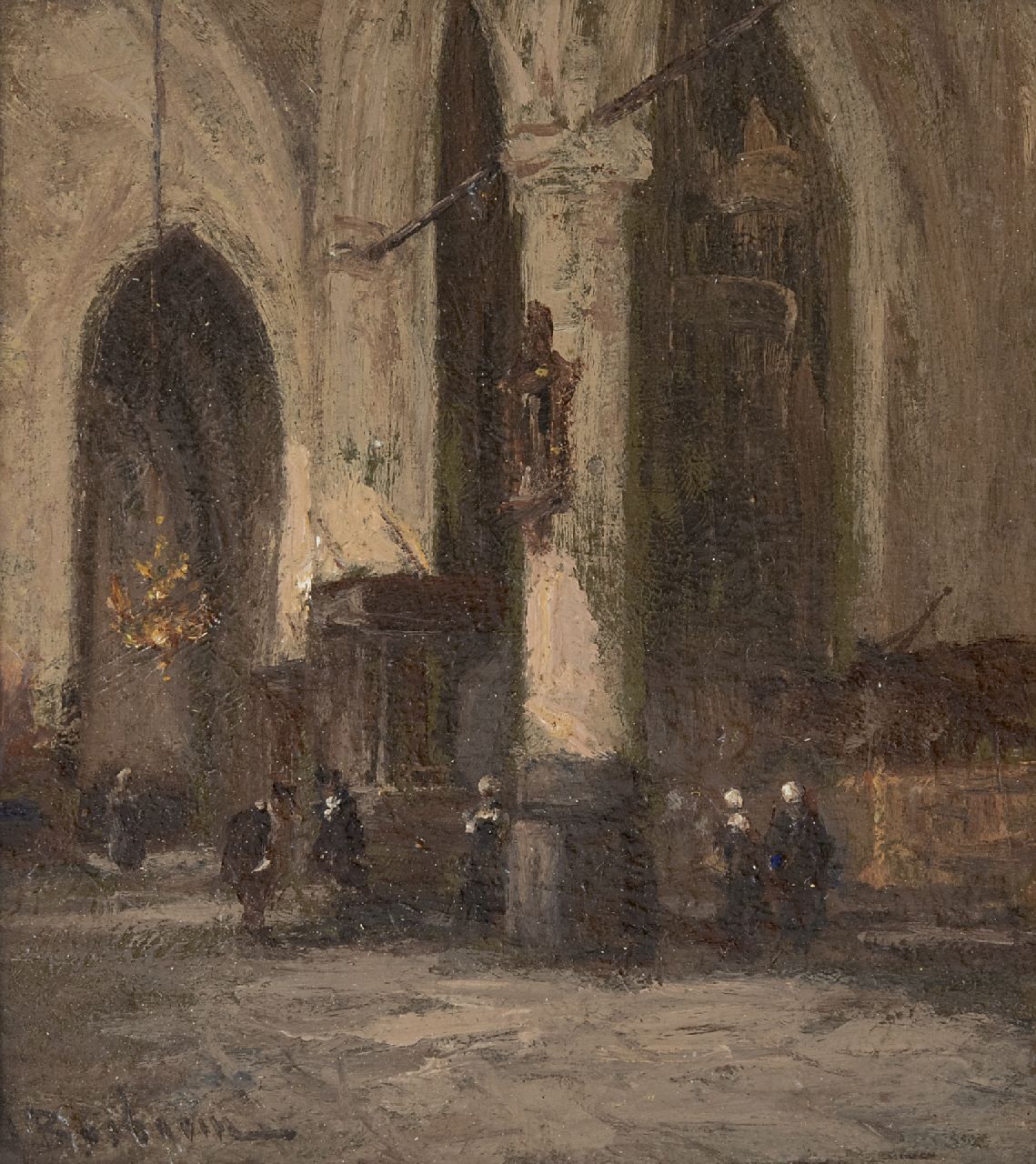 Bosboom J.  | Johannes Bosboom, A church interior, oil on panel 18.3 x 15.6 cm, signed l.l.