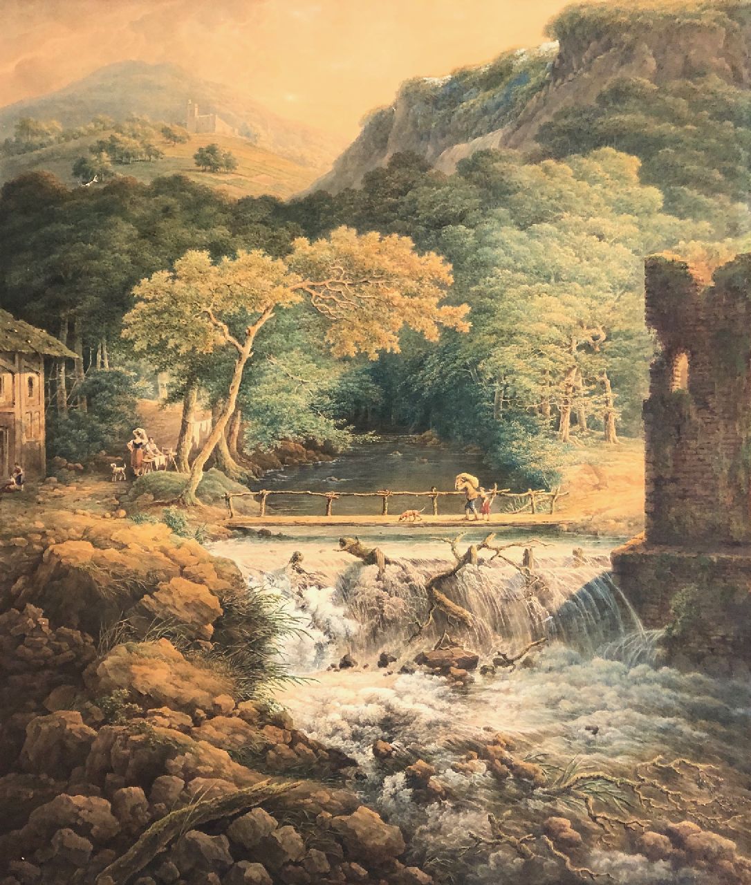 Nijmegen G. van | Gerard van Nijmegen | Watercolours and drawings offered for sale | A mountain landscape with land folk by a waterfall, watercolour on paper 75.3 x 64.2 cm