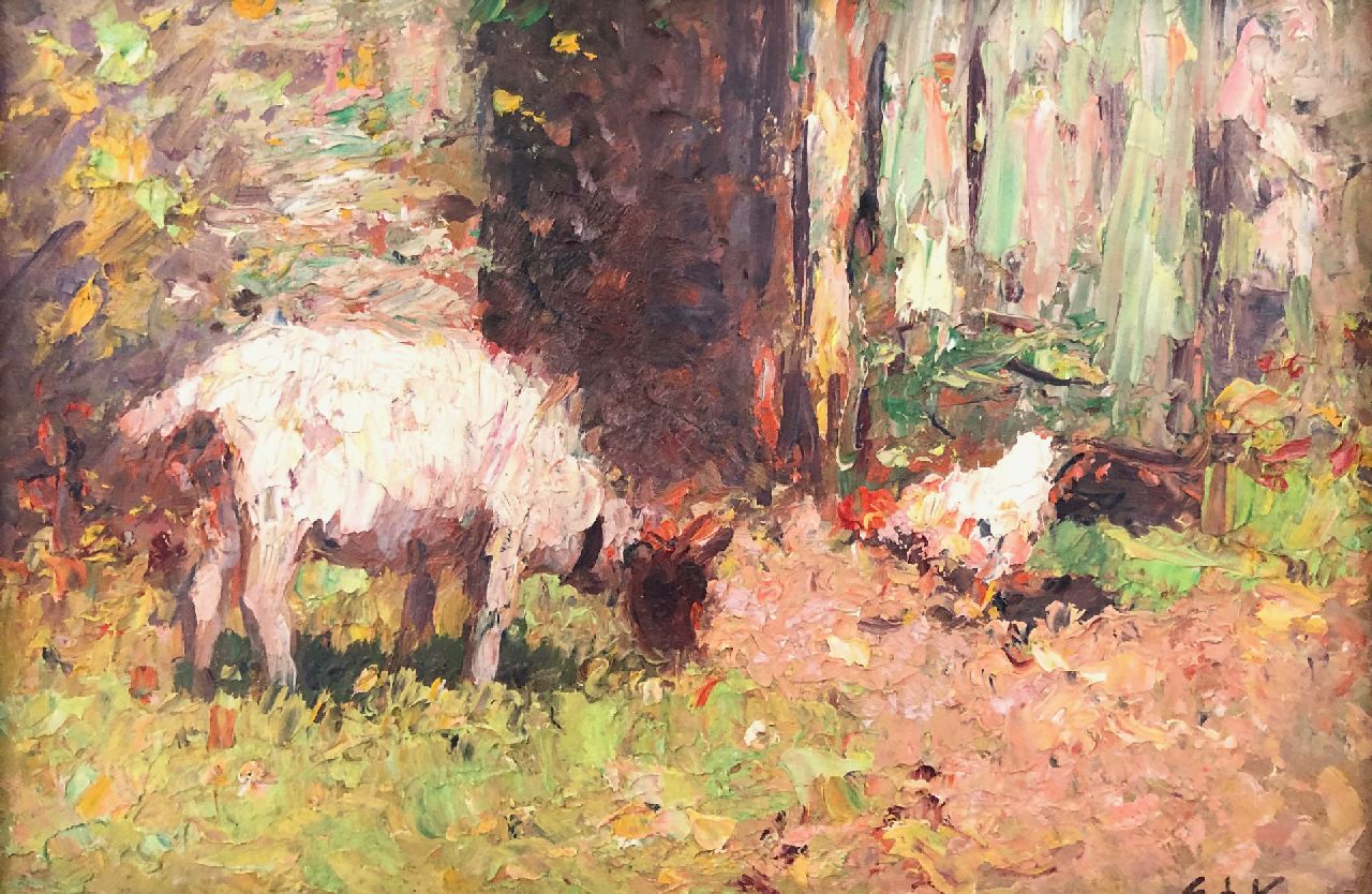 Koning E.W.  | 'Edzard' Willem Koning, Goat and chicken in a meadow, oil on board 13.0 x 18.0 cm, signed l.r. with initials