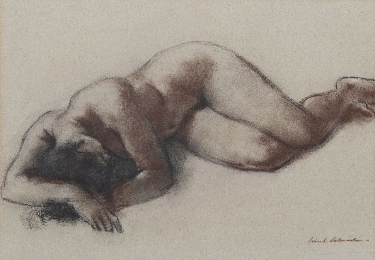 Schröder S.C.  | 'Sierk' Carl Schröder | Watercolours and drawings offered for sale | Reclining nude, charcoal and chalk on coloured paper 34.8 x 49.8 cm, signed l.r.