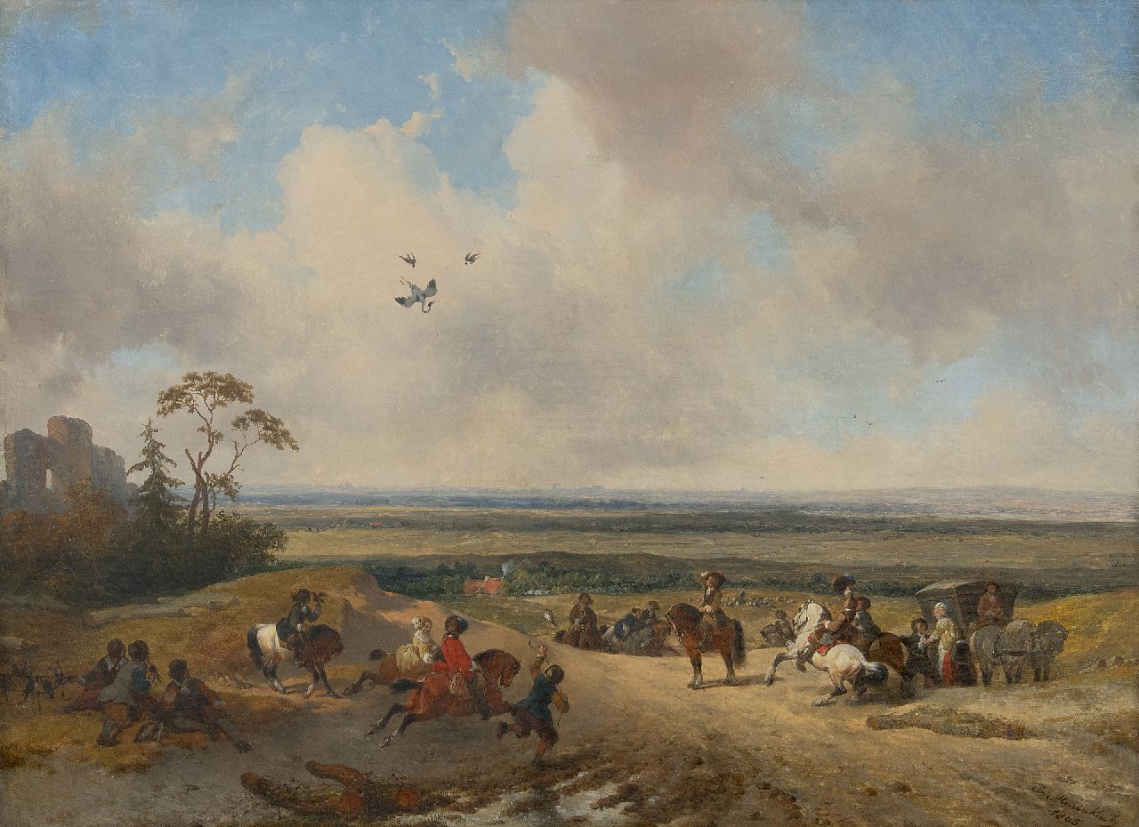 Moerenhout J.J.  | Josephus Jodocus 'Joseph' Moerenhout | Paintings offered for sale | The falconry, oil on canvas 51.8 x 70.0 cm, signed l.r. and dated 1865