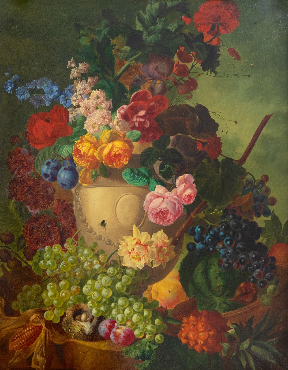 Os J. van | Jan van Os, Still life with flowers, fruit and a bird's nest on a marble plinth, oil on canvas 84.1 x 65.3 cm, signed l.l.