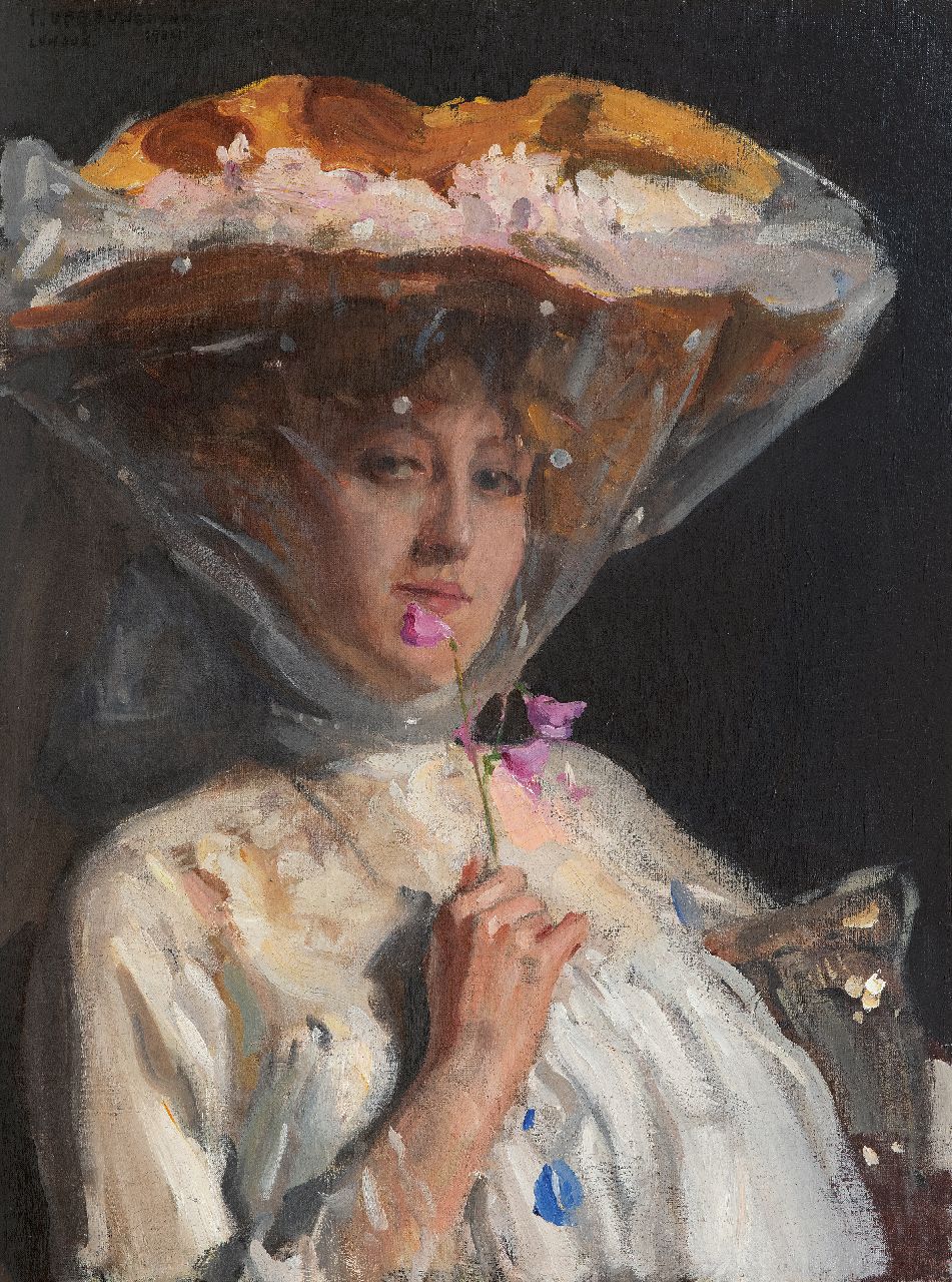 Oppenheimer J.  | Joseph Oppenheimer | Paintings offered for sale | Portrait of a lady smelling sweetpeas, oil on canvas 68.8 x 51.3 cm, signed u.l. and dated 'London' 1904