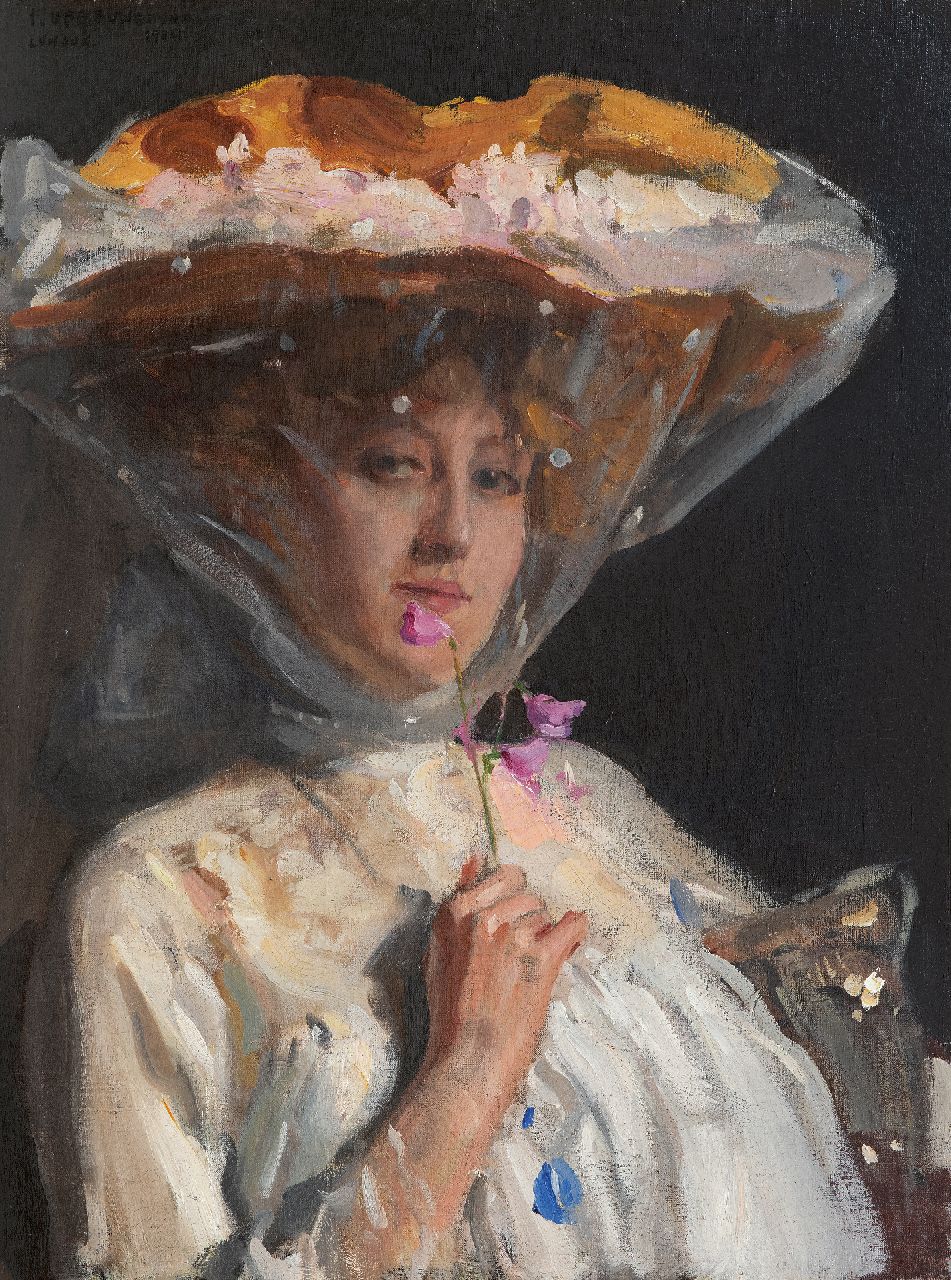 Joseph Oppenheimer | Portrait of a lady smelling sweetpeas, oil on canvas, 68.8 x 51.3 cm, signed u.l. and dated 'London' 1904