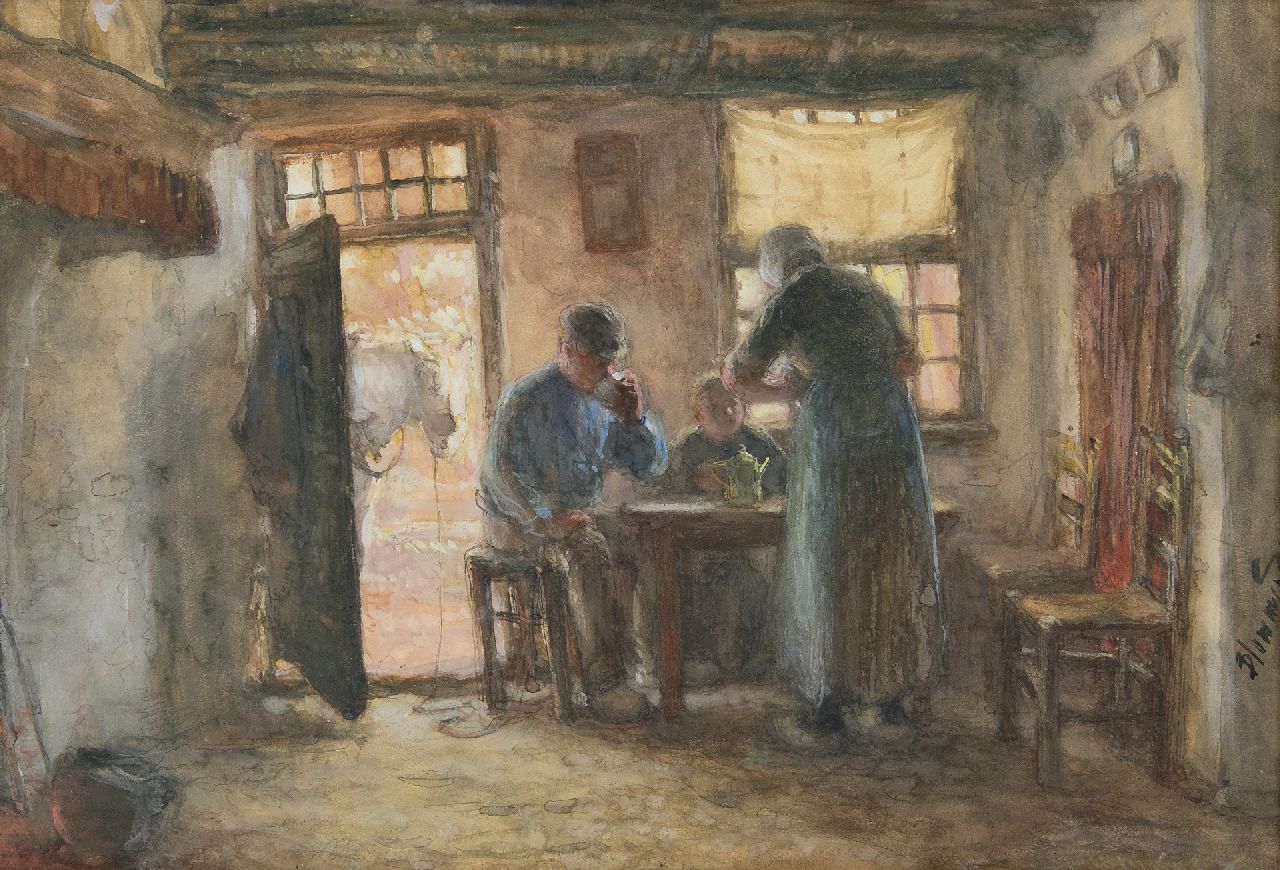 Blommers B.J.  | Bernardus Johannes 'Bernard' Blommers | Watercolours and drawings offered for sale | The waiting horse - Farmers family around the table, watercolour on paper 37.6 x 54.3 cm, signed l.r.