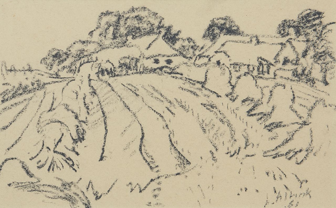 Altink J.  | Jan Altink | Watercolours and drawings offered for sale | Arable land with farms, black chalk on paper 31.1 x 48.3 cm, signed l.r. and dated '61