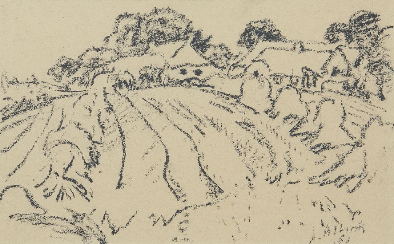 Altink J.  | Jan Altink, Arable land with farms, black chalk on paper 31.1 x 48.3 cm, signed l.r. and dated '61