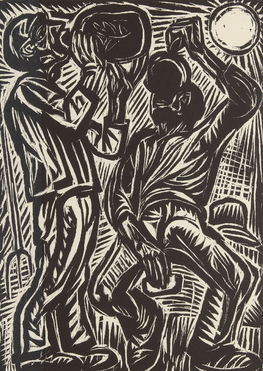 Dijkstra J.  | Johannes 'Johan' Dijkstra | Prints and Multiples offered for sale | The Drinkers (posthumous printing), woodcut on paper 49.5 x 37.0 cm