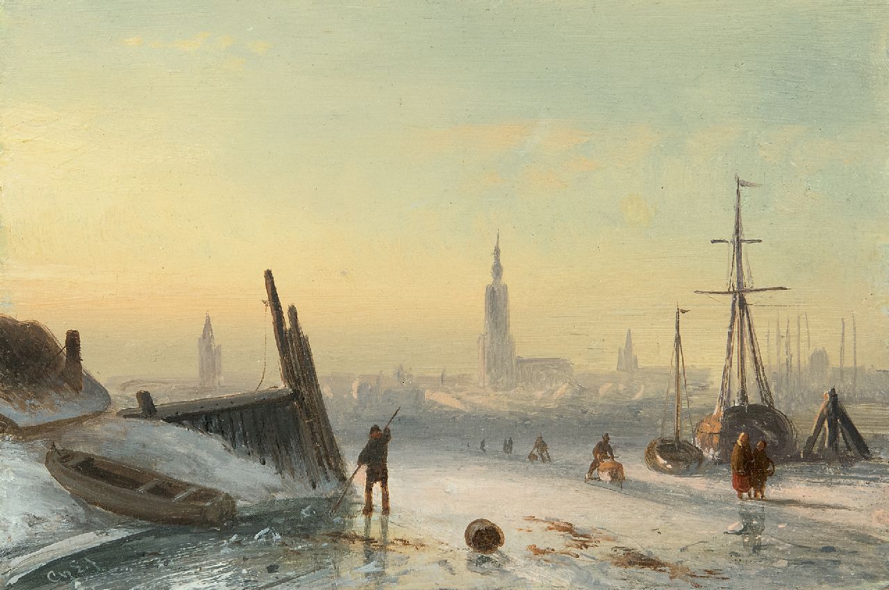 Leickert C.H.J.  | 'Charles' Henri Joseph Leickert | Paintings offered for sale | Ice scene with skaters near a city, oil on panel 11.7 x 17.3 cm, signed l.l. with initials
