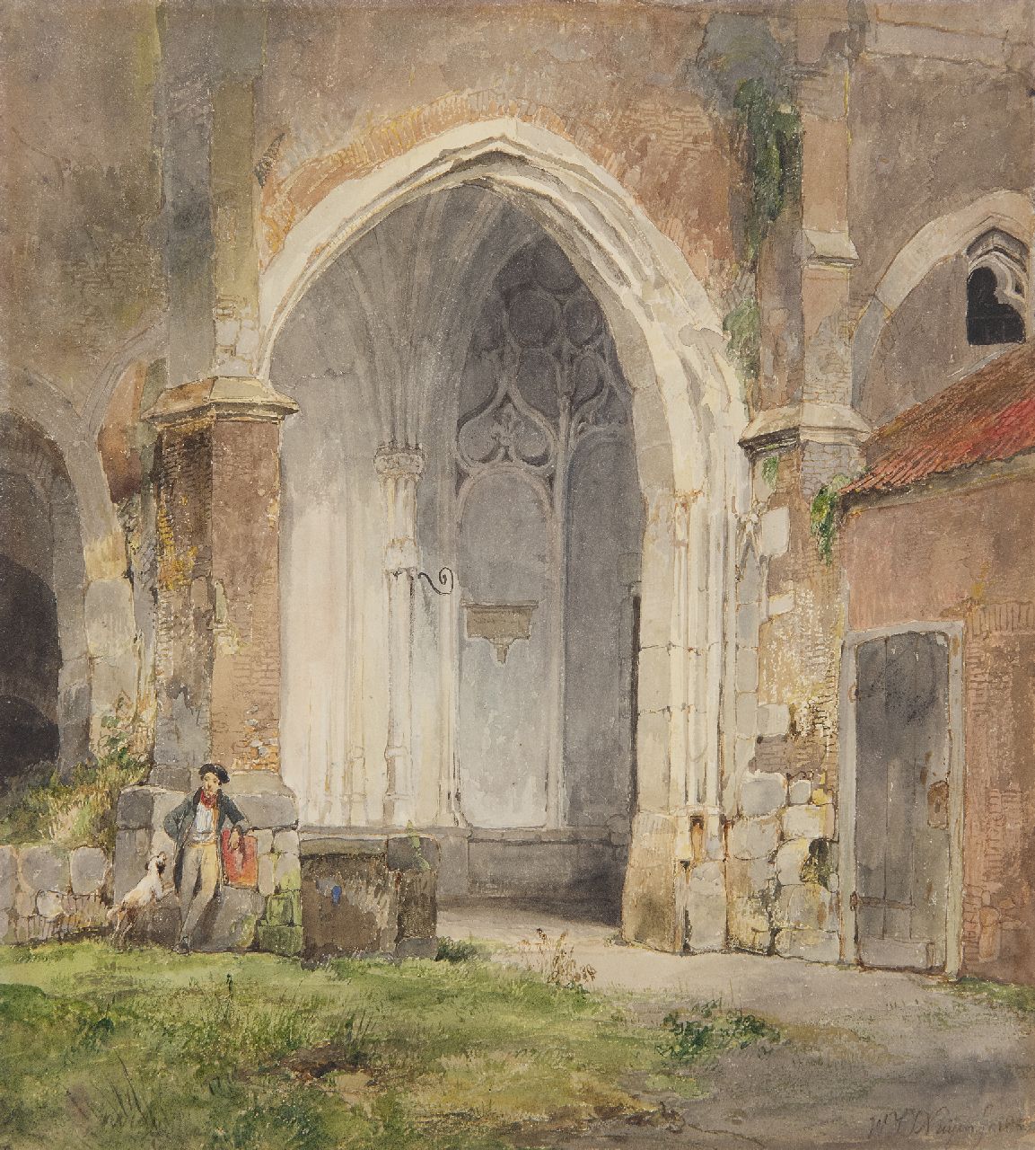 Nuijen W.J.J.  | Wijnandus Johannes Josephus 'Wijnand' Nuijen | Watercolours and drawings offered for sale | Man and his dog in the cloister of the Dom of Utrecht, watercolour on paper 26.5 x 23.6 cm, signed l.r. and dated 1833