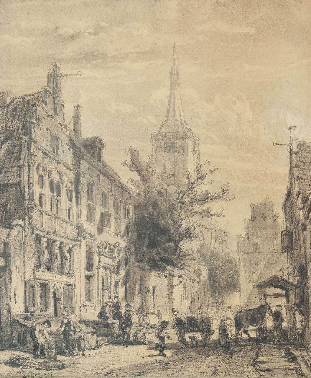 Springer C.  | Cornelis Springer | Watercolours and drawings offered for sale | View of the Nieuwstraat in Hasselt, Overijssel, charcoal on paper 61.1 x 51.0 cm, signed l.r. and dated Hasselt April 1863