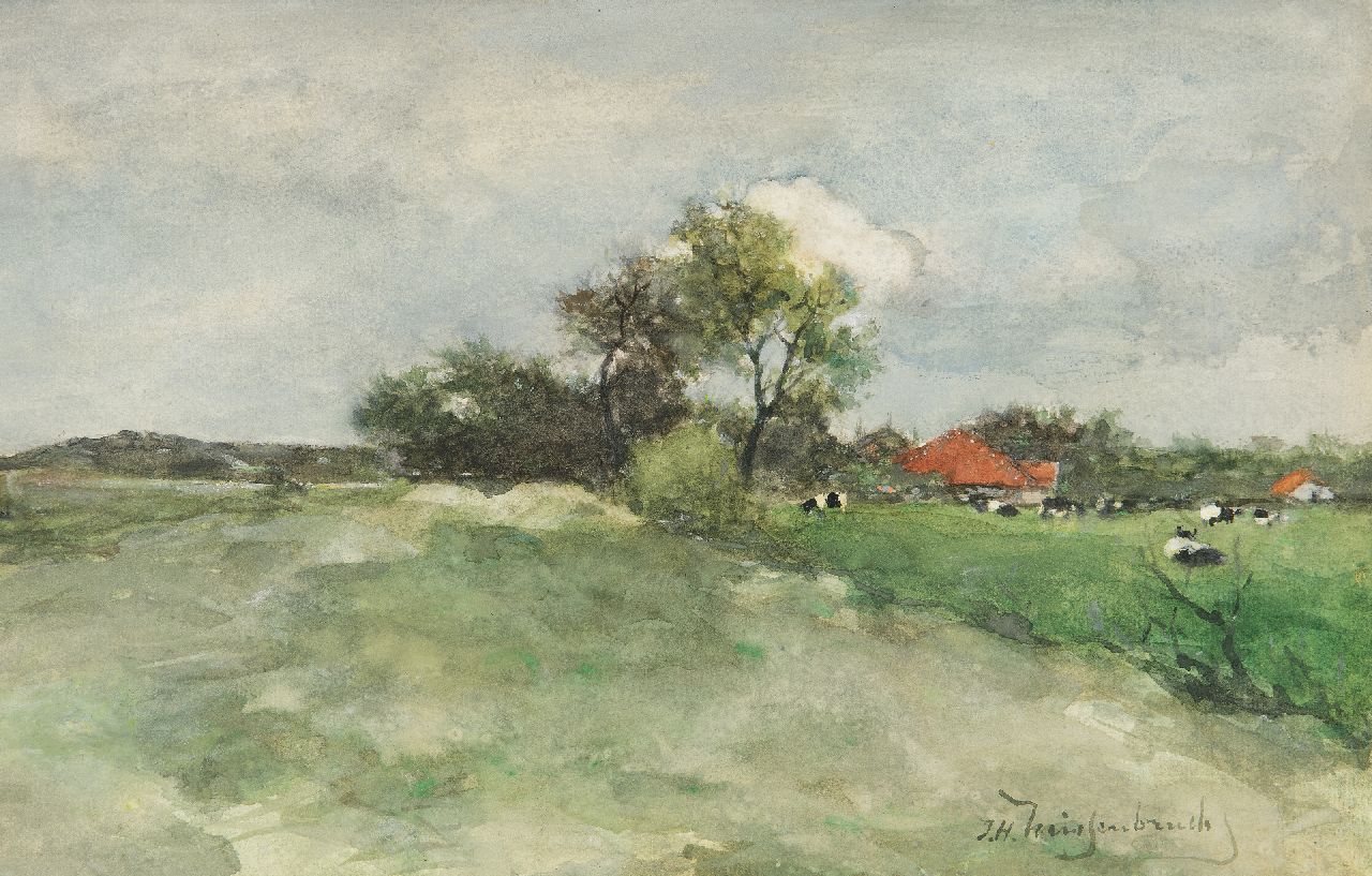 Weissenbruch H.J.  | Hendrik Johannes 'J.H.' Weissenbruch | Watercolours and drawings offered for sale | Meadow behind the dunes, watercolour on paper 23.5 x 36.3 cm, signed l.r. and ca 1879