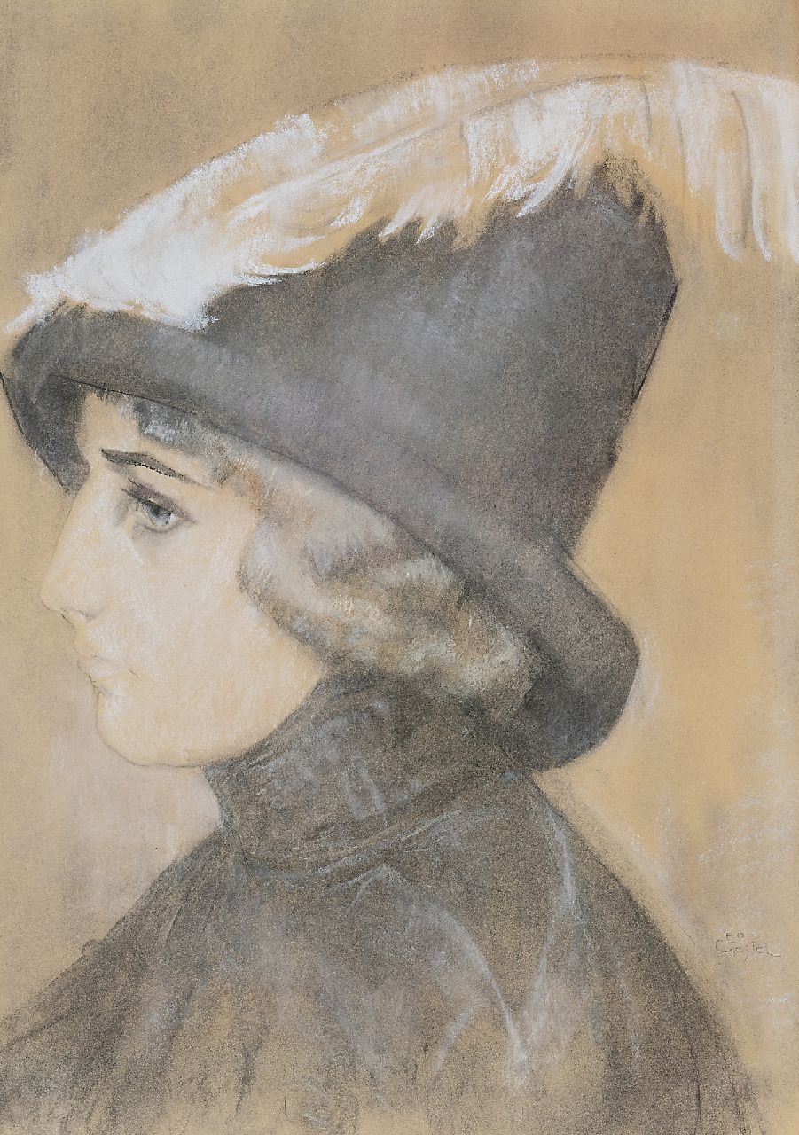 Gestel L.  | Leendert 'Leo' Gestel, Portrait of a lady with a hat, chalk on paper 47.0 x 33.5 cm, signed l.r. and painted ca. 1910-1911
