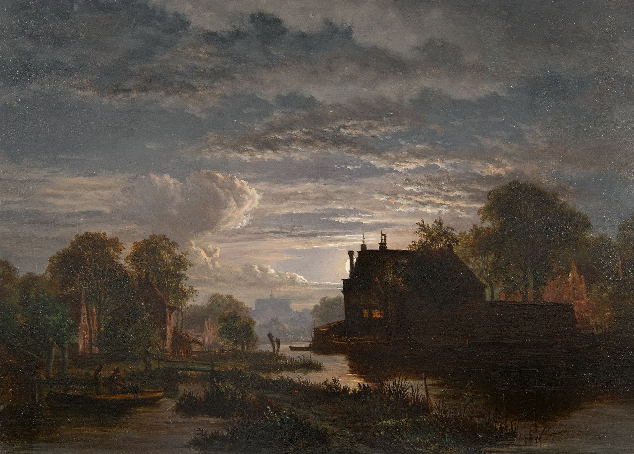 Abels J.Th.  | 'Jacobus' Theodorus Abels | Paintings offered for sale | Moonlit river landscape near a city, oil on panel 28.8 x 39.1 cm