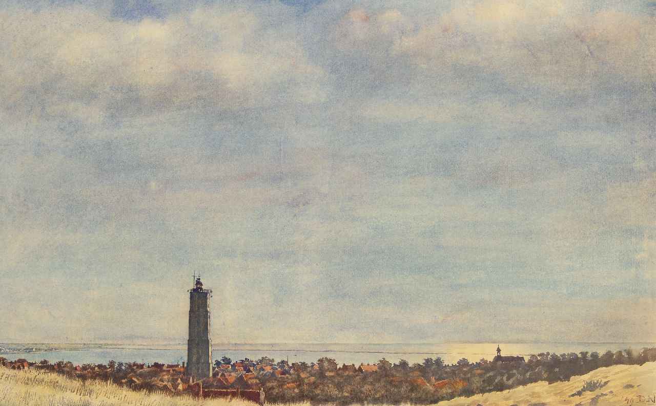 Nijland D.H.  | 'Dirk' Hidde Nijland | Watercolours and drawings offered for sale | A view of the Brandaris, Terschelling, watercolour on paper 57.4 x 92.6 cm, signed l.r. with initials and dated '49