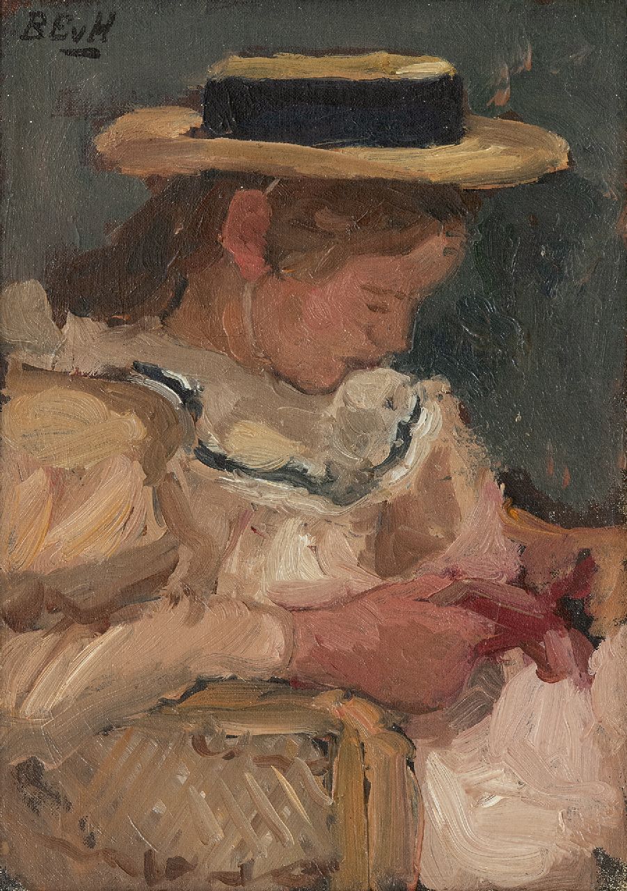 Houten B.E. van | Barbara Elisabeth van Houten, A girl reading in a cane chair, oil on canvas 28.2 x 20.2 cm, signed u.l. with initials