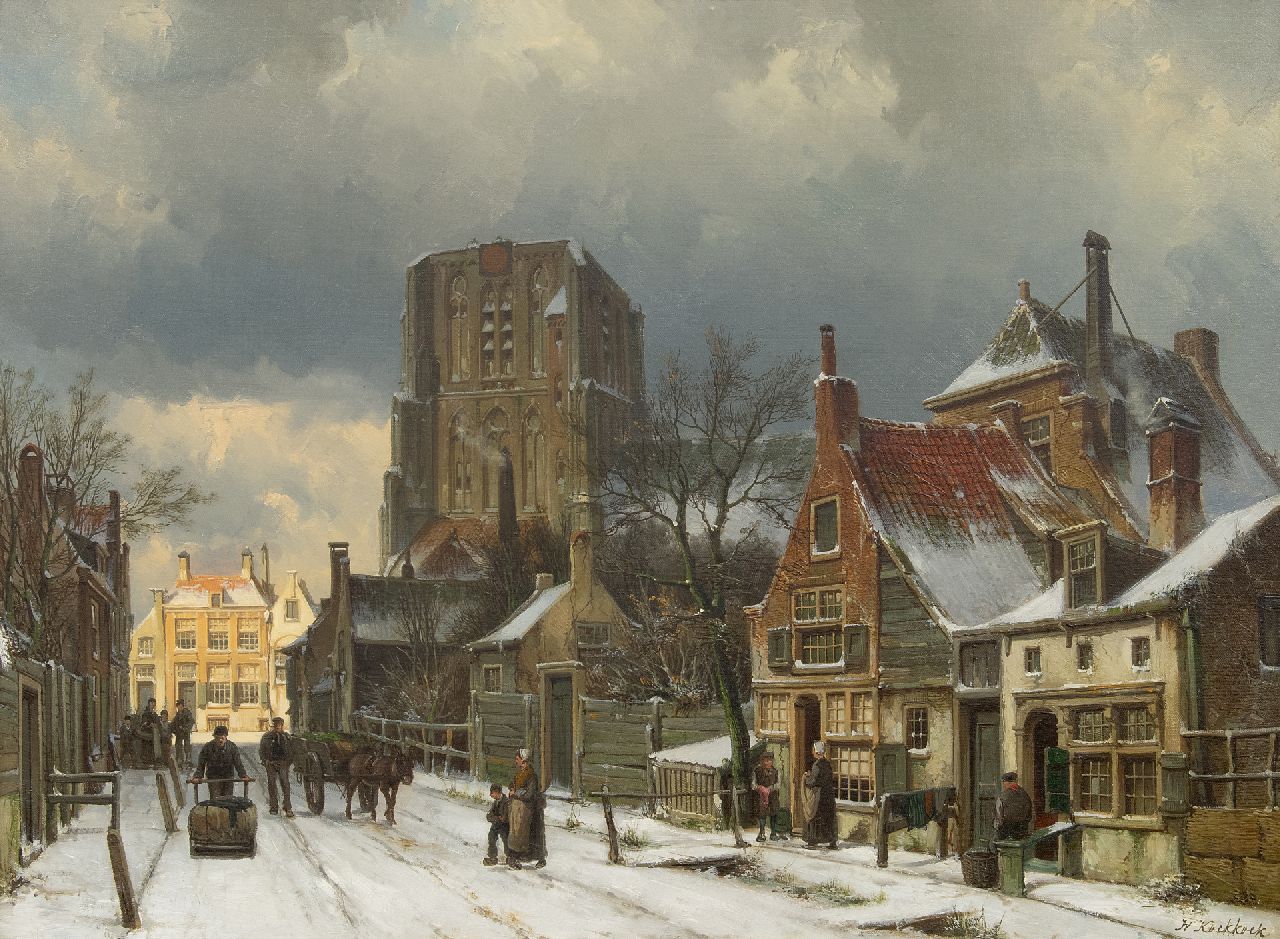 Koekkoek W.  | Willem Koekkoek, Fantasy view of the snowy Sint-Martinus church in Woudrichem, oil on canvas 55.2 x 75.3 cm, signed l.r.