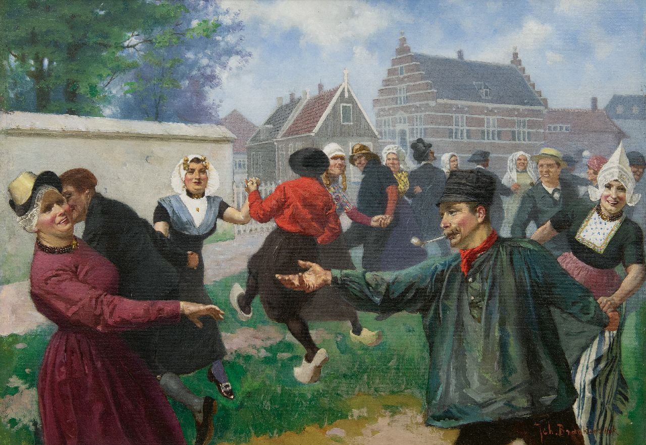 Johan Braakensiek | The dance of traditional costumes, oil on canvas, 46.2 x 64.6 cm, signed l.r.