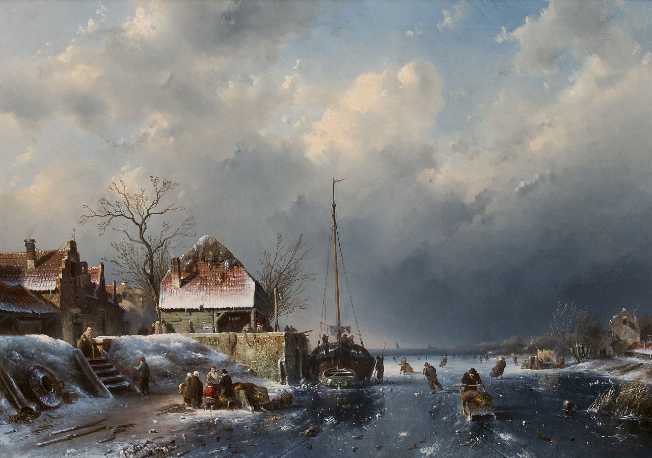 Leickert C.H.J.  | 'Charles' Henri Joseph Leickert, A winter scene with skaters and a fishing ship stuck in the ice, oil on canvas 60.4 x 84.8 cm, signed l.r. and dated '56