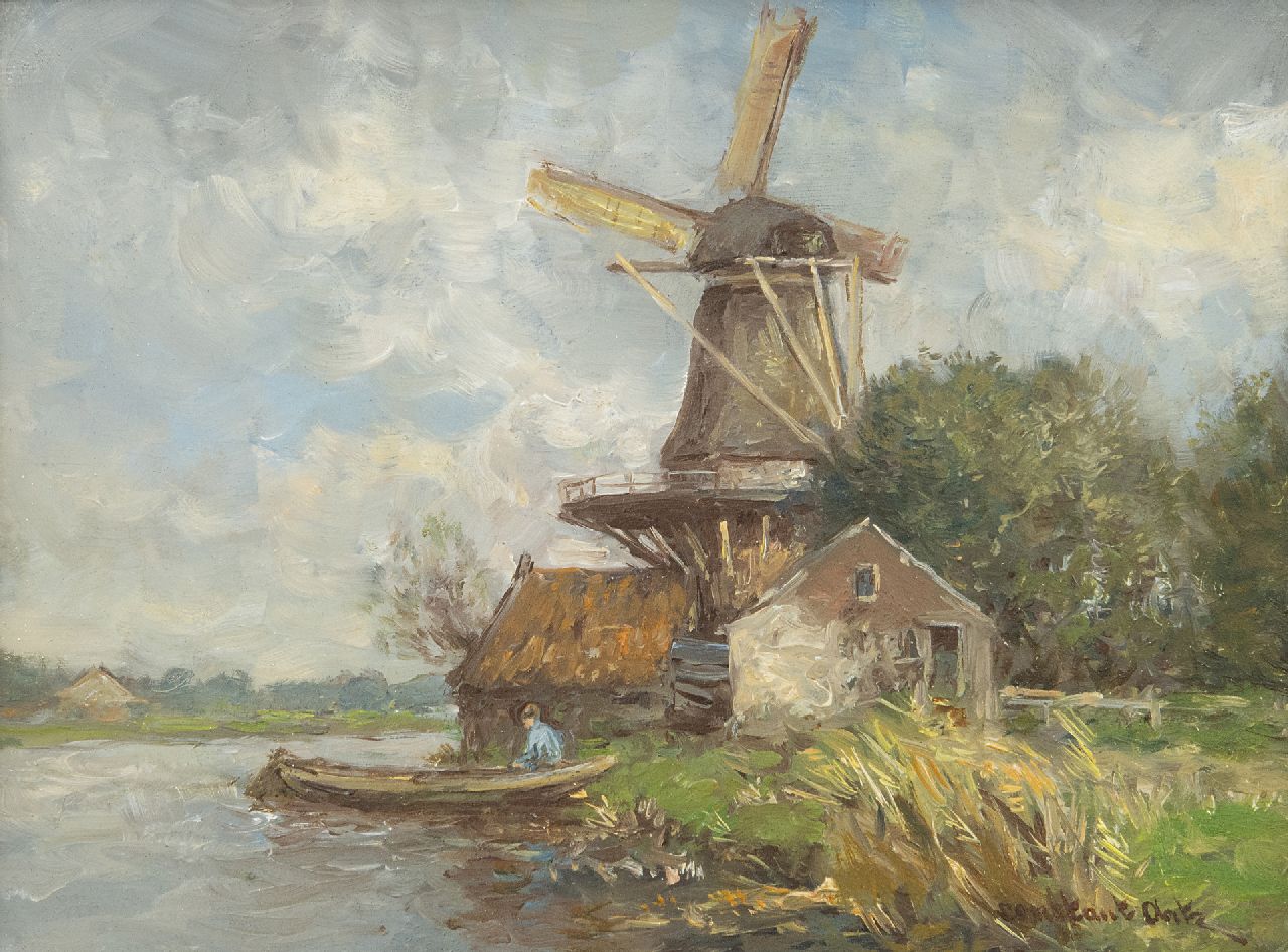 Artz C.D.L.  | 'Constant' David Ludovic Artz, Angler in a barge near a windmill, oil on panel 18.0 x 24.1 cm, signed l.r.