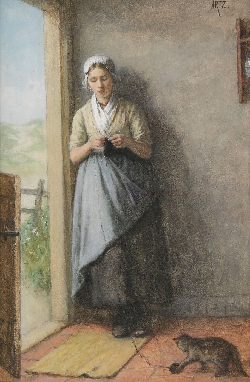 Artz D.A.C.  | David Adolphe Constant Artz | Watercolours and drawings offered for sale | Girl knitting in the doorway, watercolour on paper 53.8 x 36.0 cm, signed u.r. and painted ca. 1881