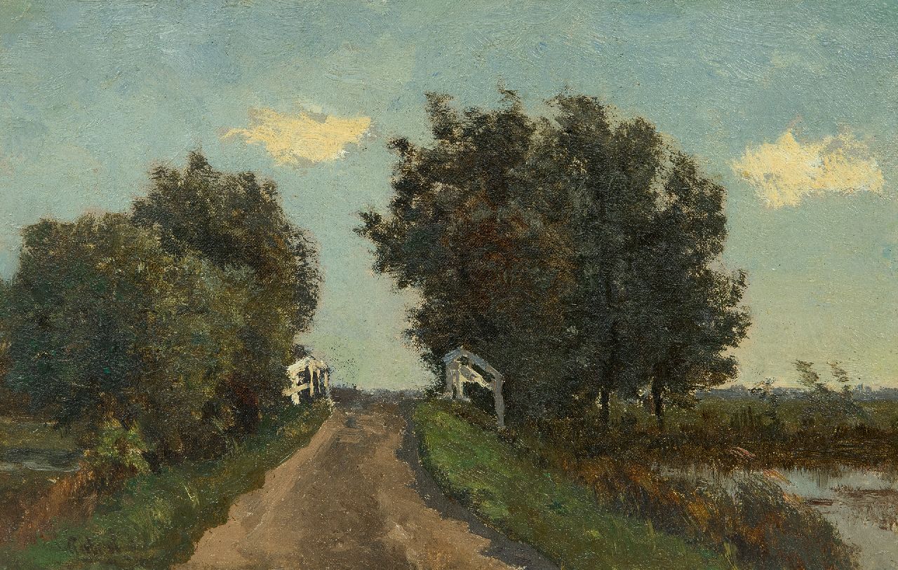 Gabriel P.J.C.  | Paul Joseph Constantin 'Constan(t)' Gabriel, Polderlandscape with a bridge, oil on canvas laid down on panel 18.8 x 29.4 cm, signed l.l.