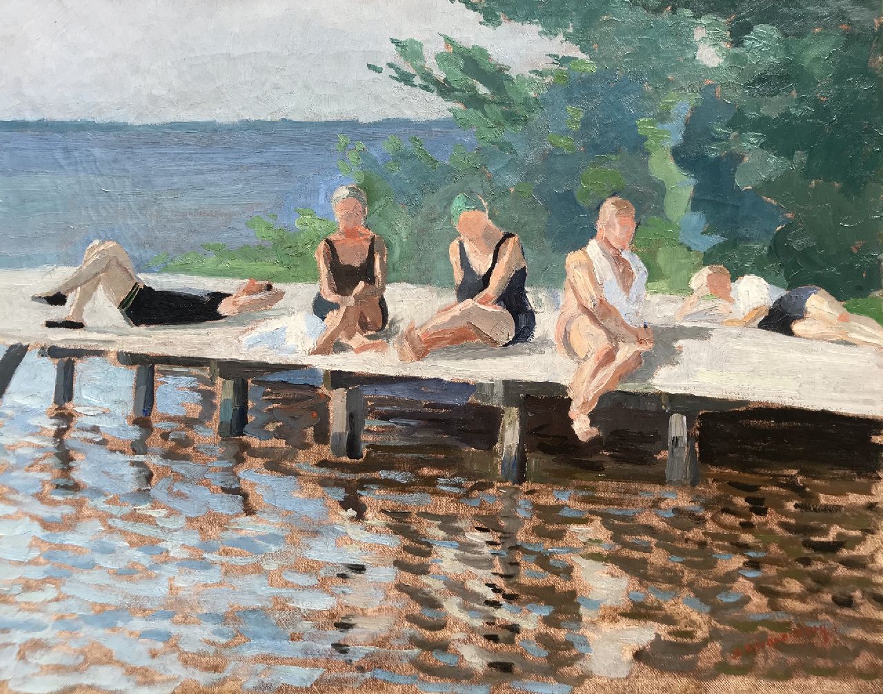 Smorenberg D.  | Dirk Smorenberg, Sunbathers on the Loosdrechtse Plassen, oil on canvas 38.5 x 48.8 cm, signed l.r.