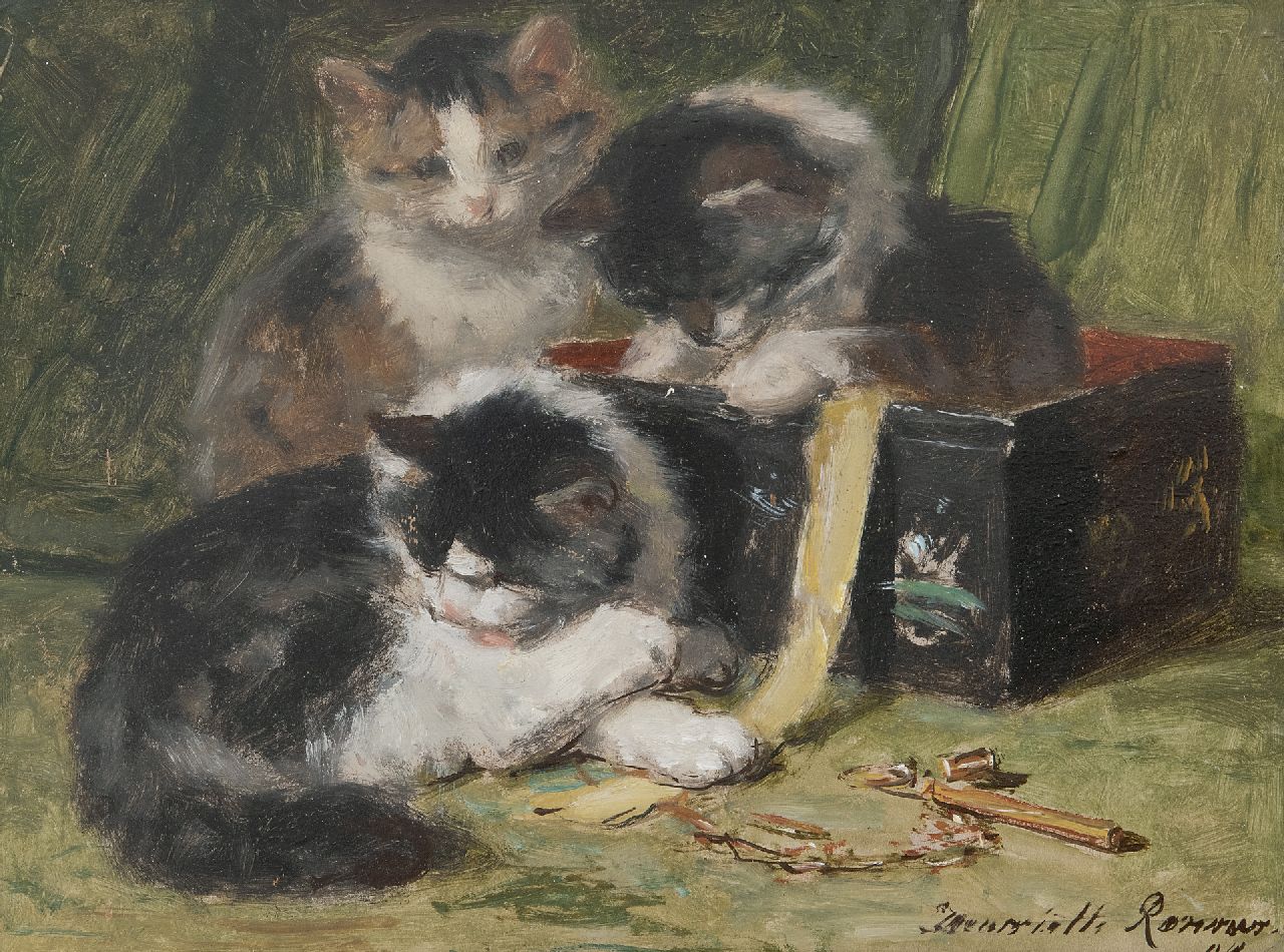 Ronner-Knip H.  | Henriette Ronner-Knip, Kittens playing with a sweing box, oil on panel 25.0 x 33.5 cm, signed l.r. and dated '94