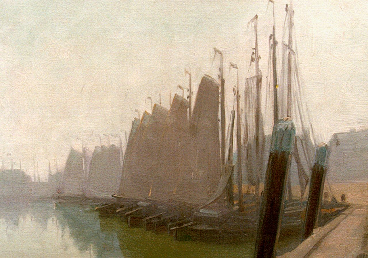 Breman A.J.  | Ahazueros Jacobus 'Co' Breman, Moored sailing vessels, oil on canvas 29.7 x 38.0 cm, signed l.r. with initials