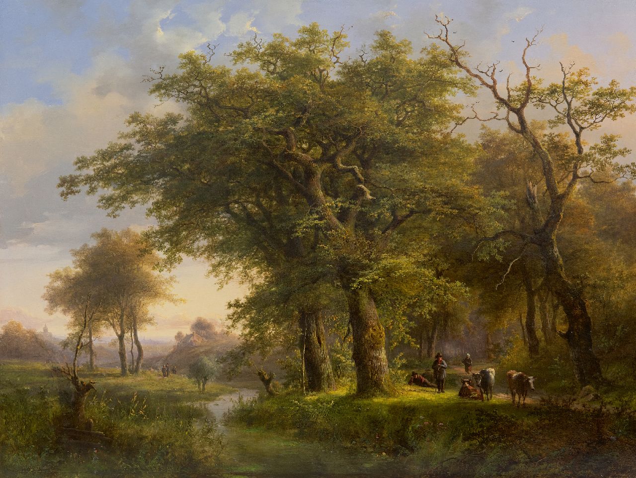 Klombeck J.B.  | Johann Bernard Klombeck, Forest landscape with cattle and country folk, oil on panel 47.6 x 62.5 cm, signed l.l. and dated 1857