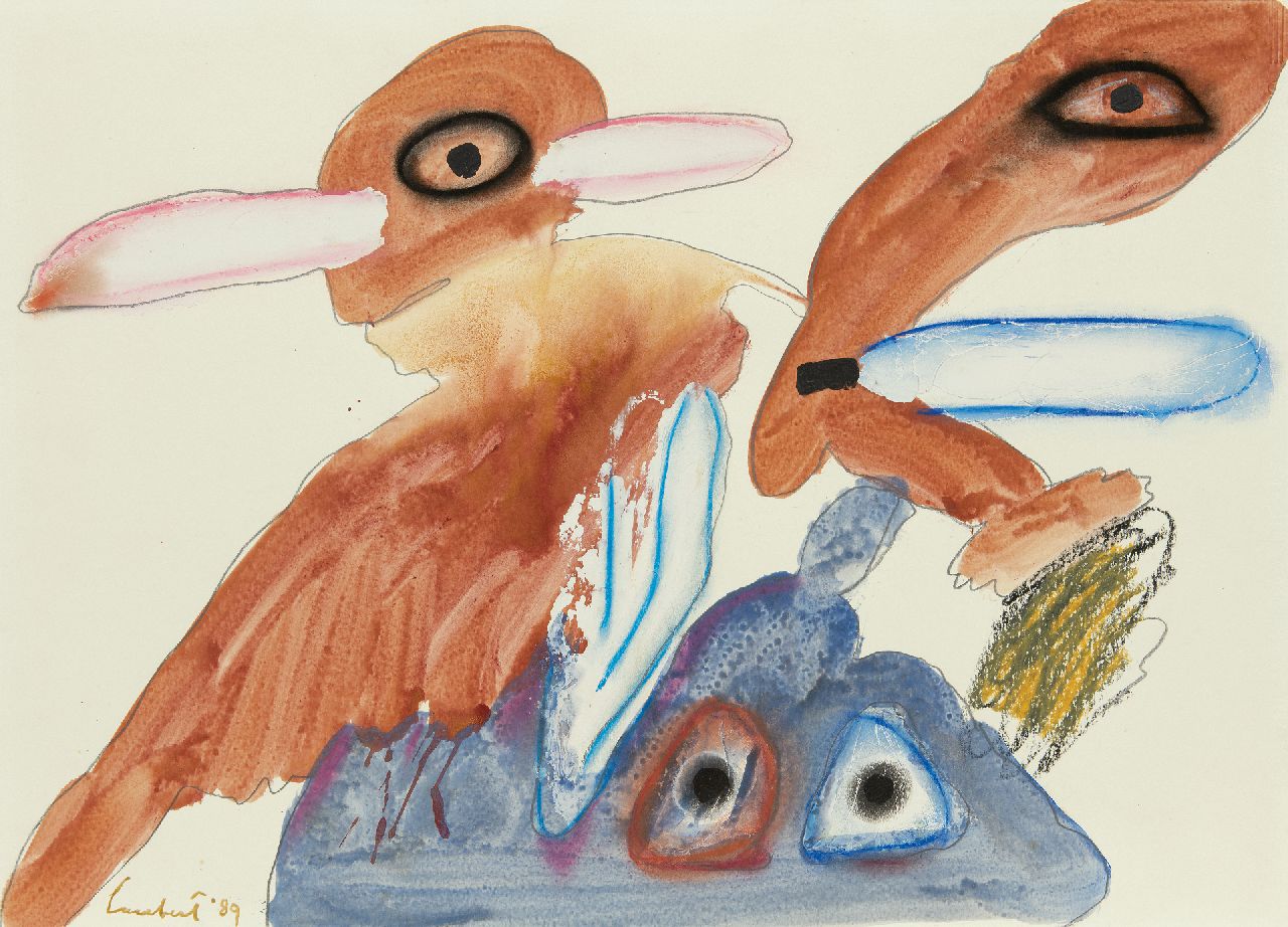 Lucebert (Lubertus Jacobus Swaanswijk)   | Lucebert (Lubertus Jacobus Swaanswijk) | Watercolours and drawings offered for sale | Three creatures, four eyes, pencil, chalk, watercolour and oil on paper 50.2 x 70.0 cm, signed l.l. and dated '89