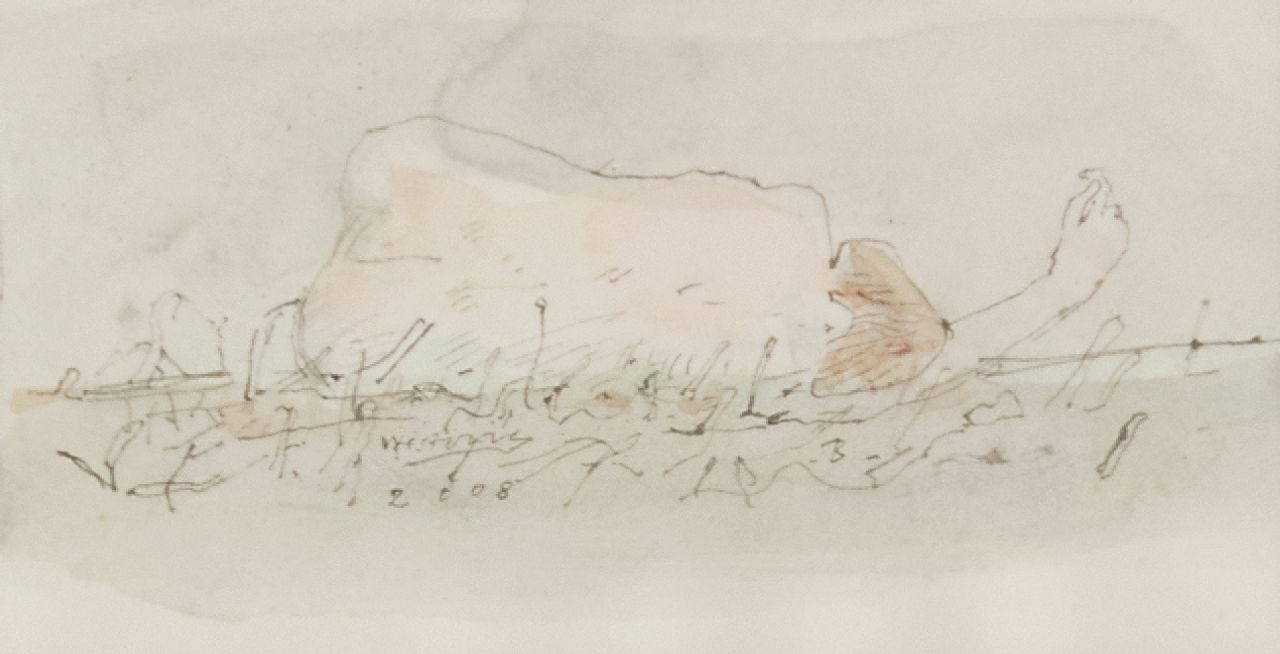 Westerik J.  | Jacobus 'Co' Westerik | Watercolours and drawings offered for sale | Female nude outside, seen from the back, pen and ink, chalk and watercolour on paper 5.7 x 10.6 cm, signed l.c. and dated 2008