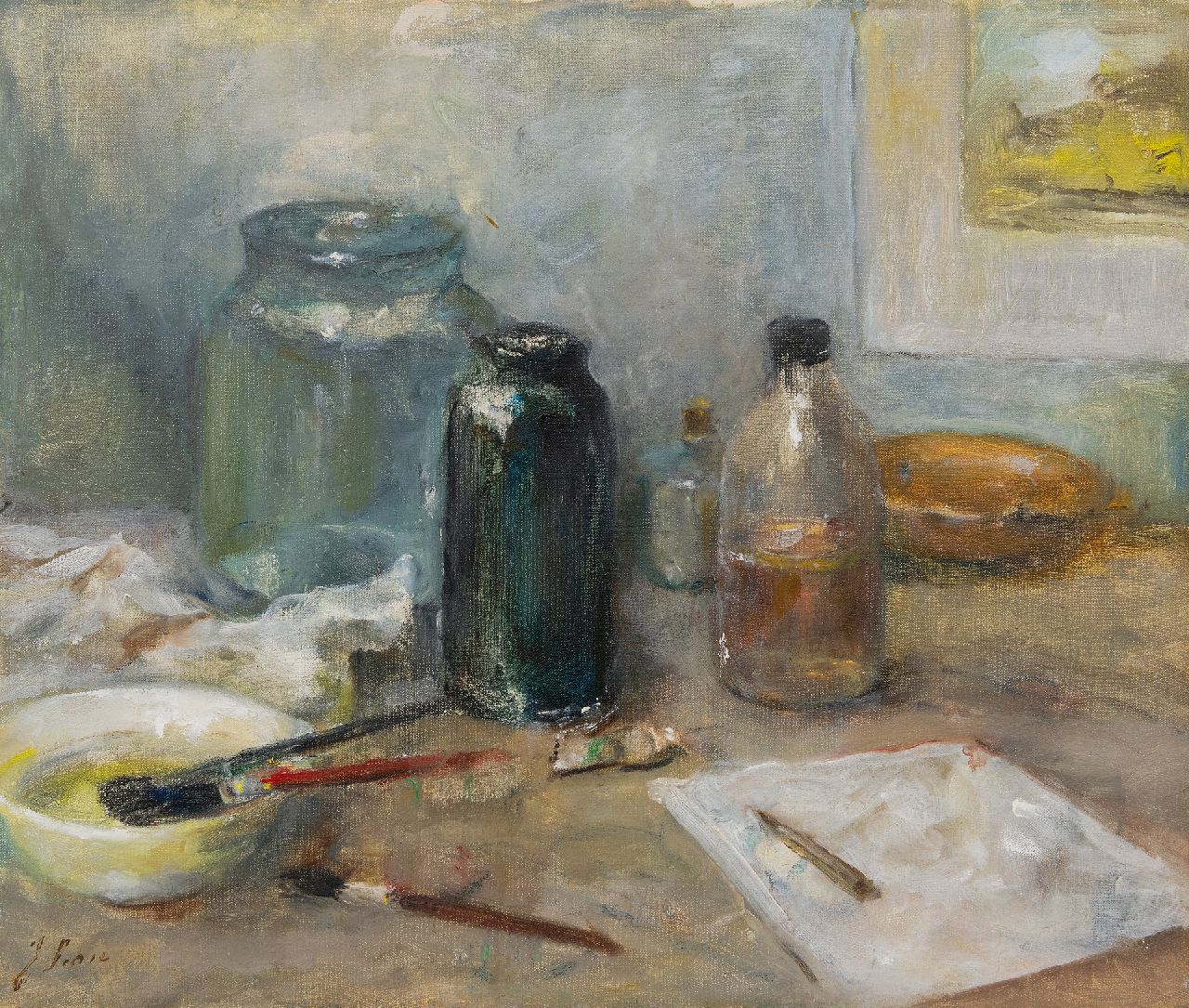 Surie J.  | Jacoba 'Coba' Surie, Still life of painting supplies, oil on canvas 50.1 x 60.0 cm, signed l.l.