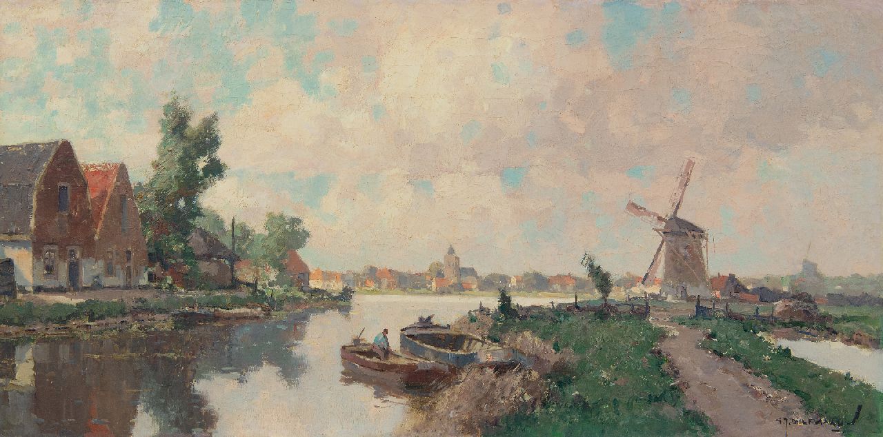 Gerard Delfgaauw | View on a village alongside a river, oil on canvas, 40.4 x 80.1 cm, signed l.r. and on the stretcher and without frame