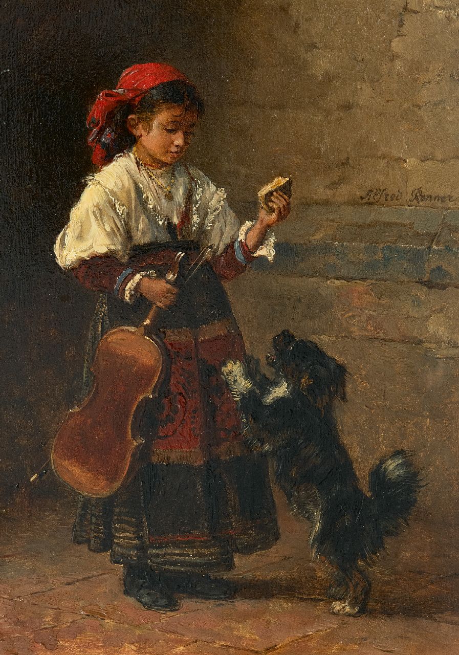 Ronner A.  | Alfred Ronner, Gypsy girl with her dog, oil on panel 24.7 x 17.7 cm, signed c.r.