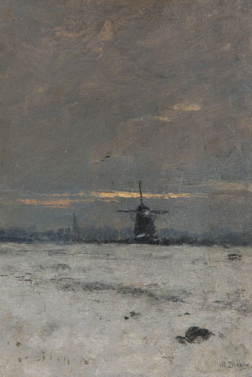 Zilcken C.L.P.  | Charles Louis Philippe 'Philip' Zilcken, A windmill in a snowy landscape at sunset, oil on panel 29.7 x 20.3 cm, signed l.r. and painted ca. 1903