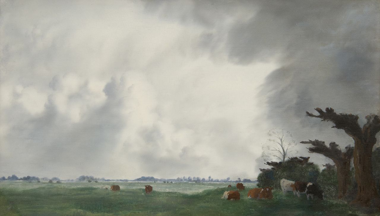 Jan Voerman sr. | Cows in a meadow on the IJssel, oil on panel, 30.9 x 52.0 cm, signed l.r.
