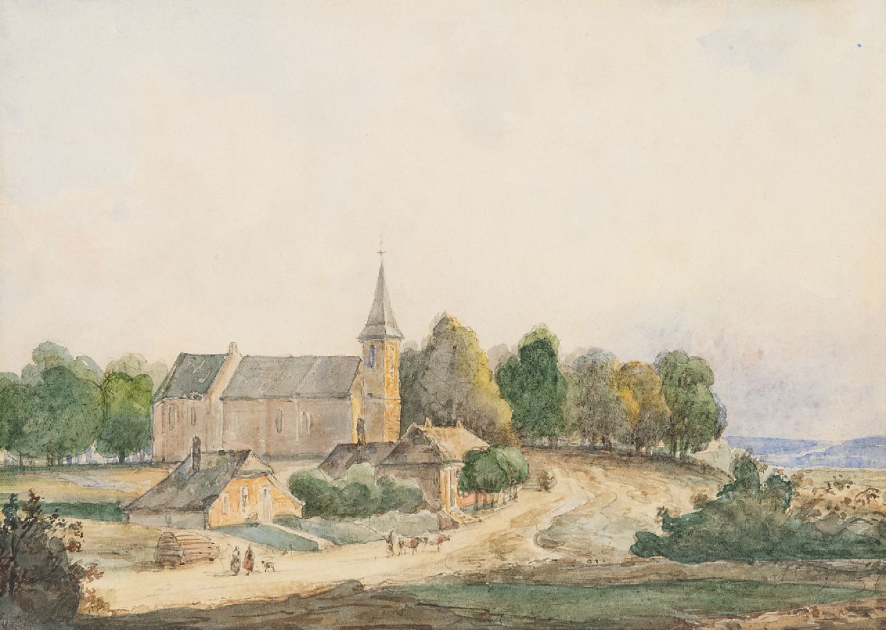 Kleijn L.J.  | Lodewijk Johannes Kleijn | Watercolours and drawings offered for sale | Church in a hilly landscape, watercolour on paper laid down on board 14.5 x 20.1 cm, signed l.r. A. Schelfhout