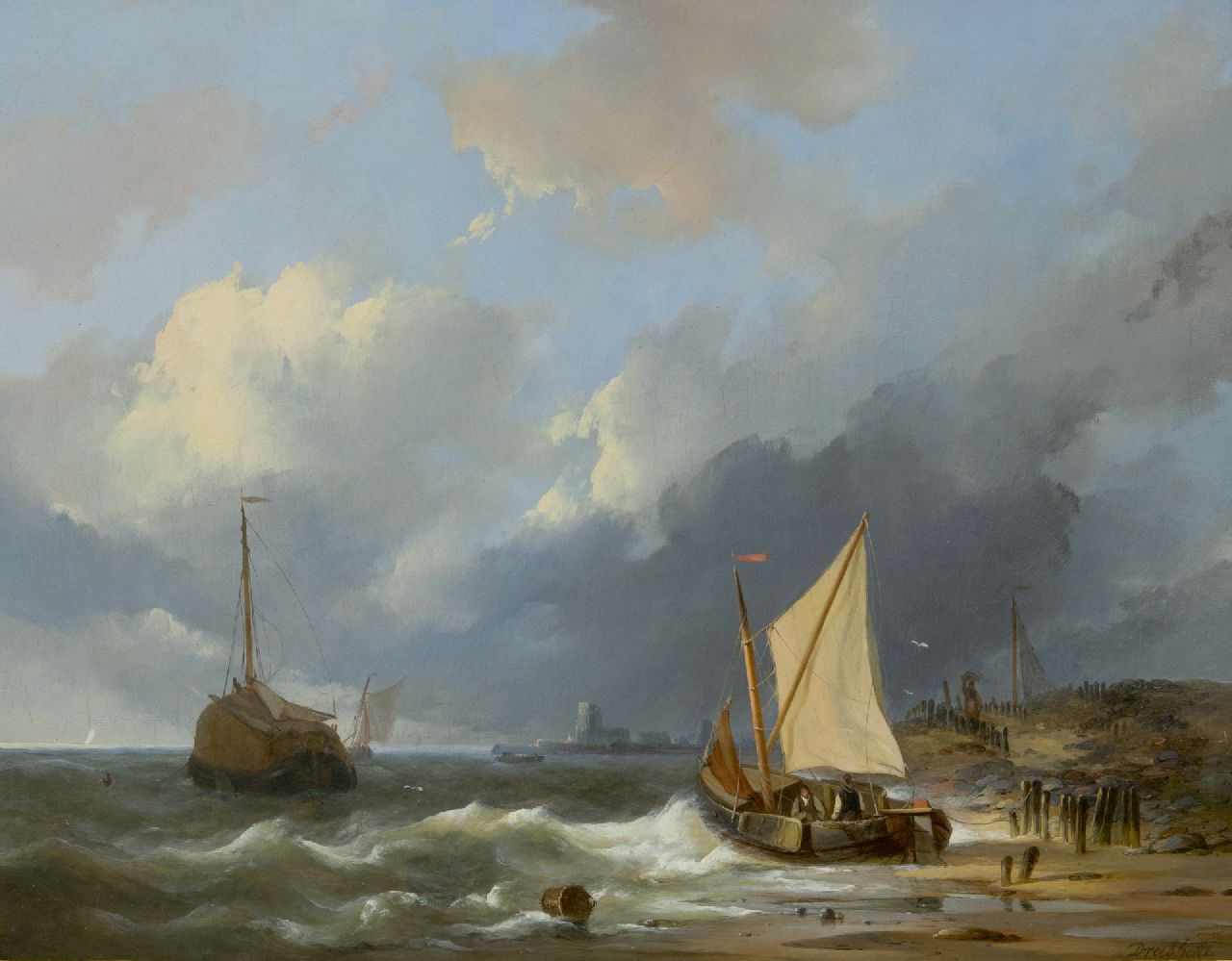 Dreibholtz C.L.W.  | Christiaan Lodewijk Willem Dreibholtz, Ships on the coast of the Zuiderzee, oil on panel 41.2 x 52.8 cm, signed l.r.