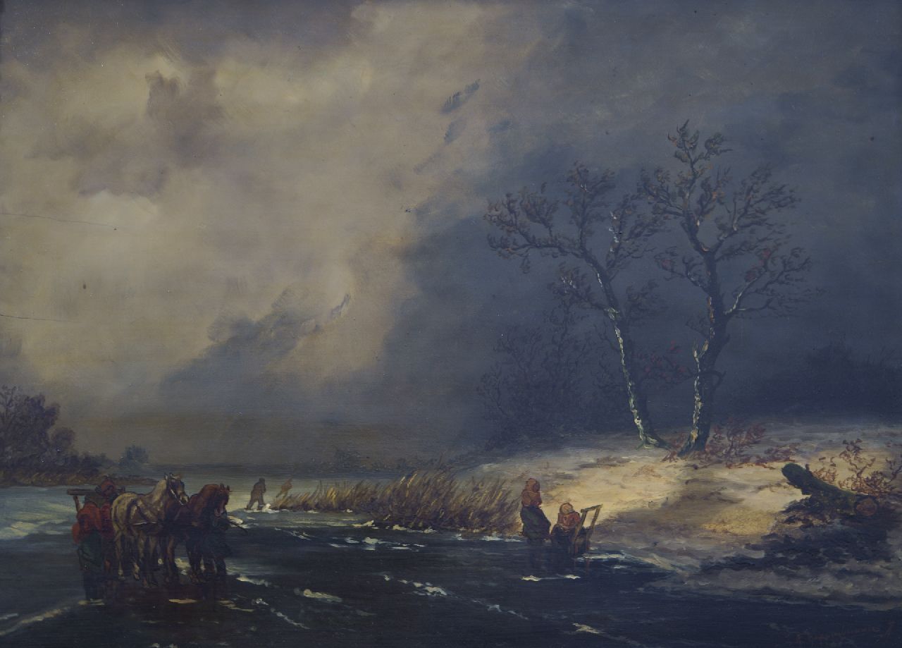 Hoppenbrouwers J.F.  | Johannes Franciscus Hoppenbrouwers, Ice landscape with figures, oil on canvas 34.0 x 47.0 cm, signed l.r.