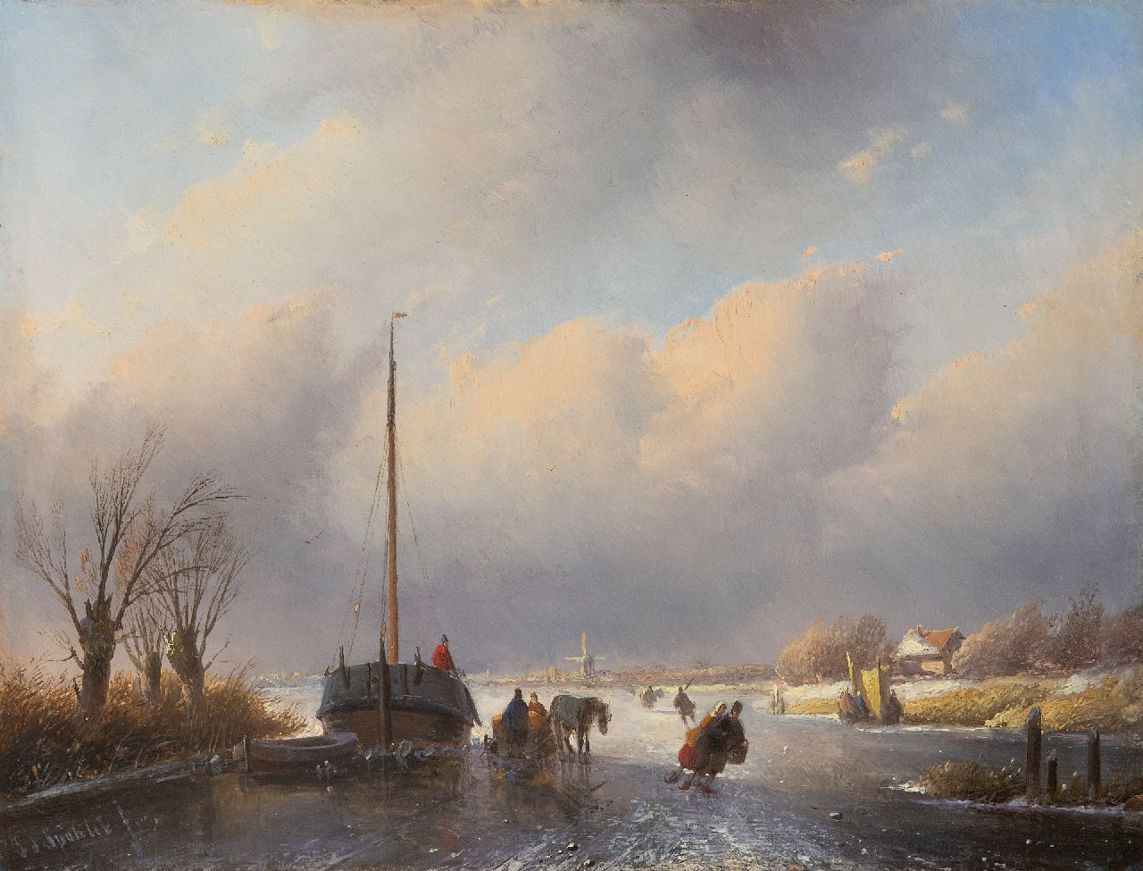 Spohler J.J.  | Jan Jacob Spohler, A frozen river with skaters and a horse drawn sledge, oil on panel 25.5 x 33.4 cm, signed l.l.