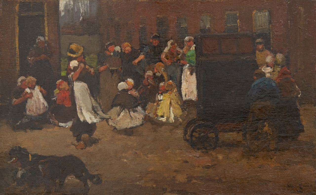 Zwart W.H.P.J. de | Wilhelmus Hendrikus Petrus Johannes 'Willem' de Zwart | Paintings offered for sale | Children dancing to the street musician, oil on panel 22.2 x 35.6 cm, signed l.r. and painted ca. 1890