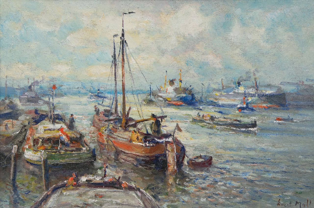 Moll E.  | Evert Moll | Paintings offered for sale | Ship traffic at Rotterdam's harbour, oil on canvas 40.4 x 60.0 cm, signed l.r.