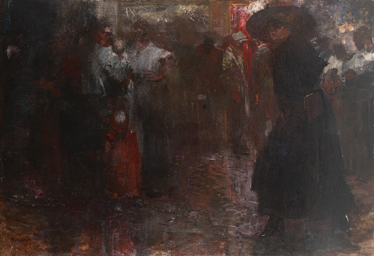 Hem P. van der | Pieter 'Piet' van der Hem | Paintings offered for sale | The 'Nes' in Amsterdam by night, oil on canvas 130.3 x 190.8 cm, signed l.l. and dated 1910