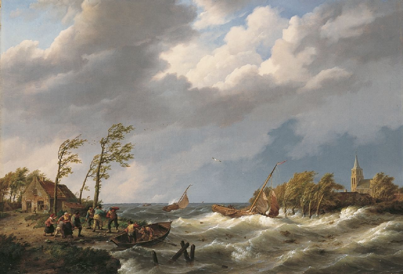 Koekkoek J.H.  | Johannes Hermanus Koekkoek, Stormy weather off the Zuiderzee, oil on canvas 48.7 x 71.2 cm, signed l.l.