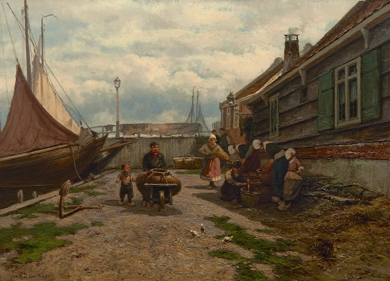 Koekkoek J.H.B.  | Johannes Hermanus Barend 'Jan H.B.' Koekkoek, Fisherwomen selling their catch a Zuiderzee harbour, oil on panel 53.2 x 73.0 cm, signed l.l. and dated 1894