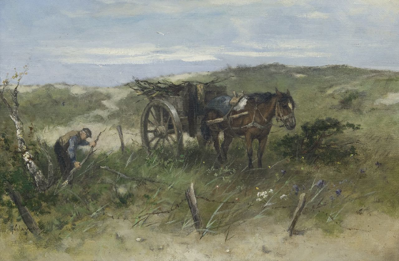 Scherrewitz J.F.C.  | Johan Frederik Cornelis Scherrewitz, Wood gatherers behind the dunes, oil on canvas 41.0 x 61.4 cm, signed l.l.