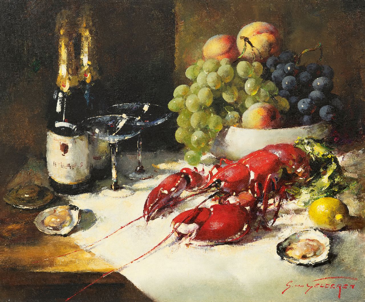 Gelderen S. van | Simon van Gelderen, Still life with Champagne, shellfish and fruit, oil on canvas 50.3 x 60.2 cm, signed l.r.