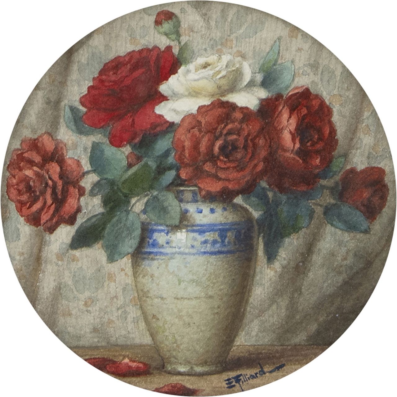 Filliard E.  | Ernest Filliard, A still life with roses, watercolour on paper 14.2 x 14.2 cm, signed l.r.