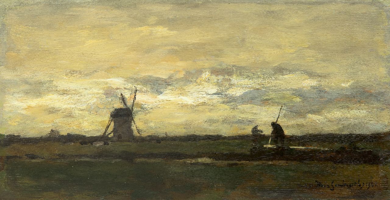 Weissenbruch H.J.  | Hendrik Johannes 'J.H.' Weissenbruch, Landscape with stippling farmer and windmill, oil on panel 16.2 x 31.2 cm, signed l.r. and dated 1901